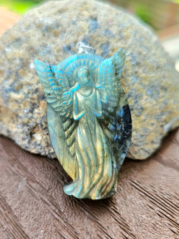 Natural Labradorite Carved Flashy Praying Angel Pendant Necklace