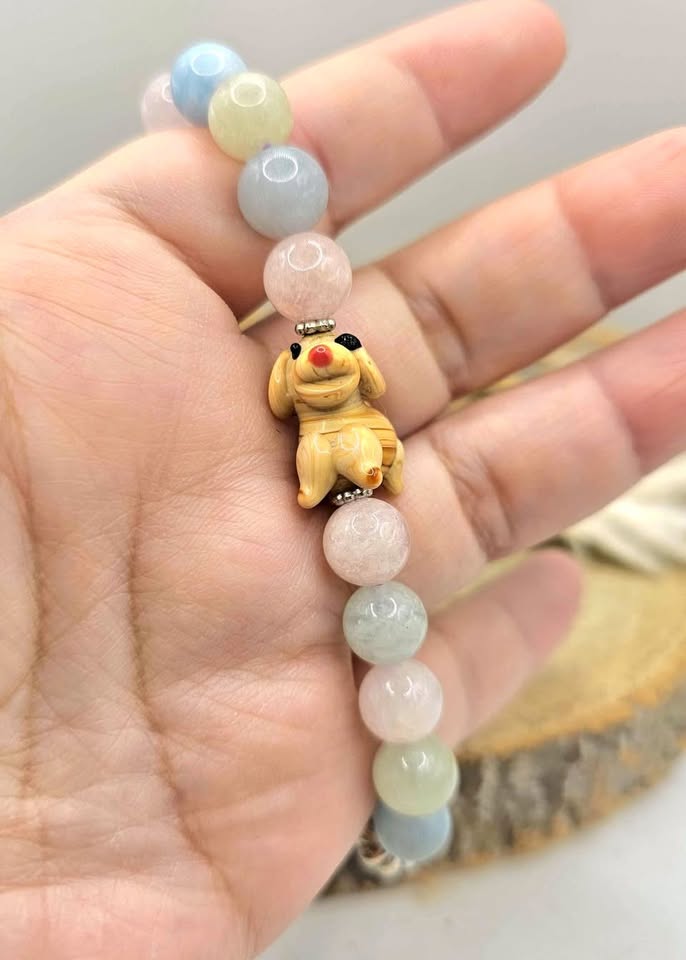 Pastel Morganite Bracelet with Hand‑Carved Dog Glass Bead | Natural Morganite Healing Crystal | Calming Energy & Heart Chakra Support