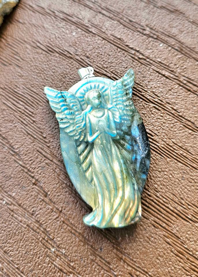 Natural Labradorite Carved Flashy Praying Angel Pendant Necklace