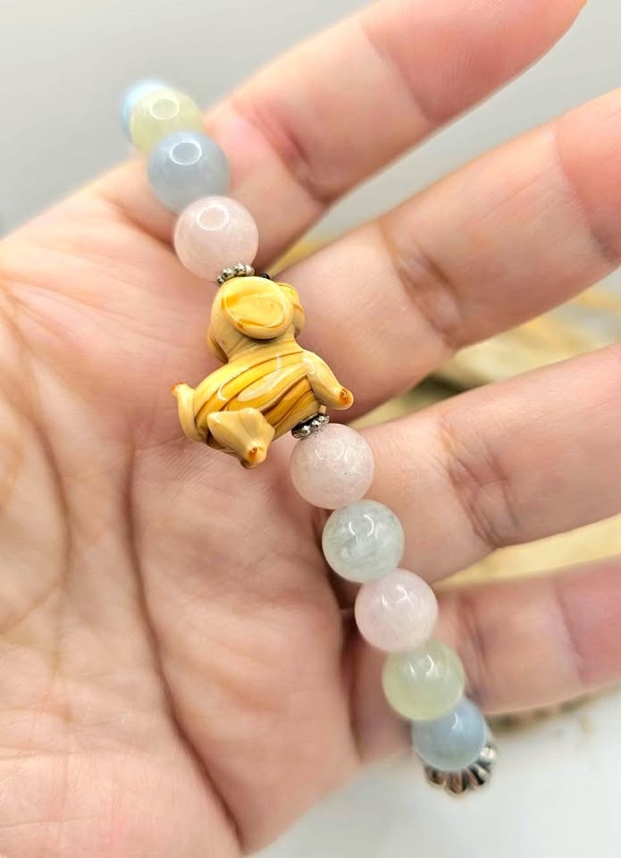 Pastel Morganite Bracelet with Hand‑Carved Dog Glass Bead | Natural Morganite Healing Crystal | Calming Energy & Heart Chakra Support