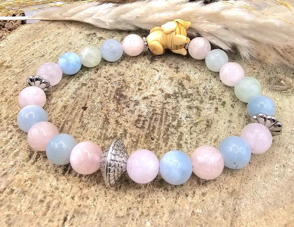 Pastel Morganite Bracelet with Hand‑Carved Dog Glass Bead | Natural Morganite Healing Crystal | Calming Energy & Heart Chakra Support