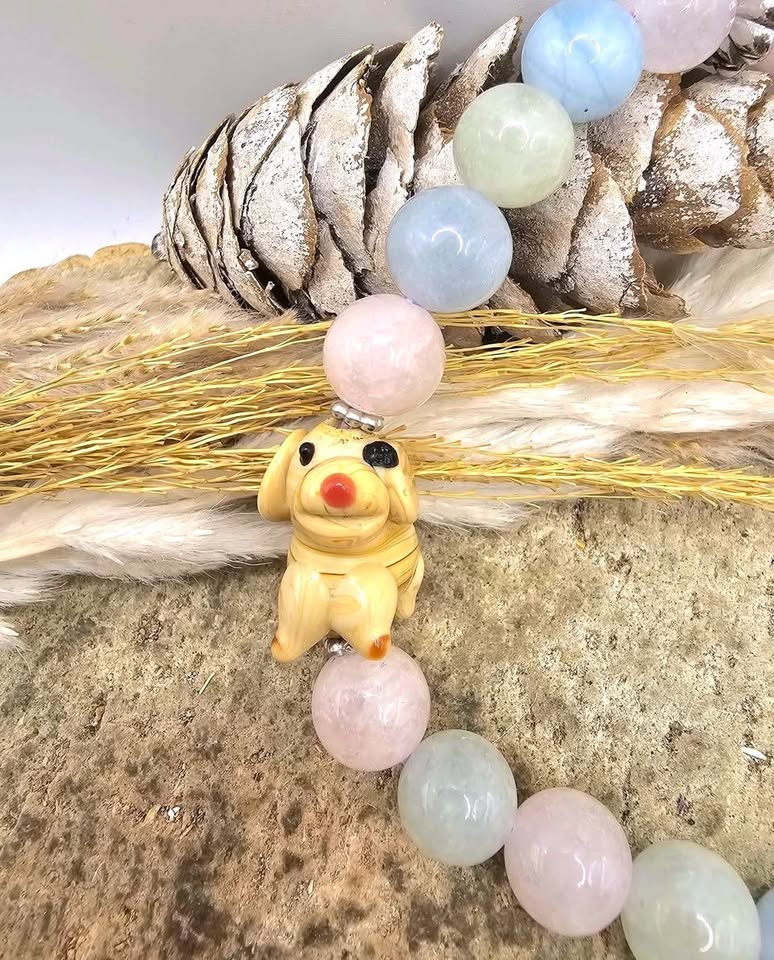 Pastel Morganite Bracelet with Hand‑Carved Dog Glass Bead | Natural Morganite Healing Crystal | Calming Energy & Heart Chakra Support