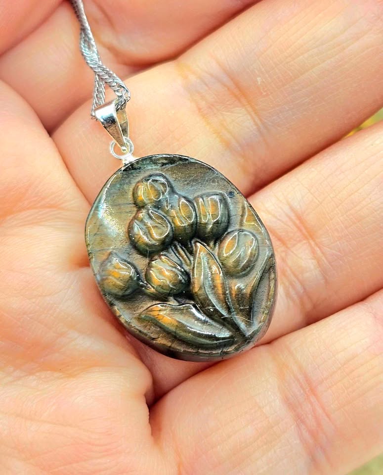 Labradorite carved floral pendant necklace gift for her