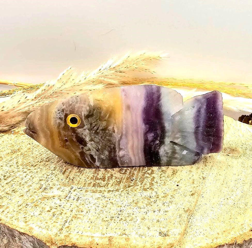 Hand‑Carved Rainbow Fluorite Fish Figurine | Natural Crystal Carving | Healing Stone Décor & Ocean Spirit Animal