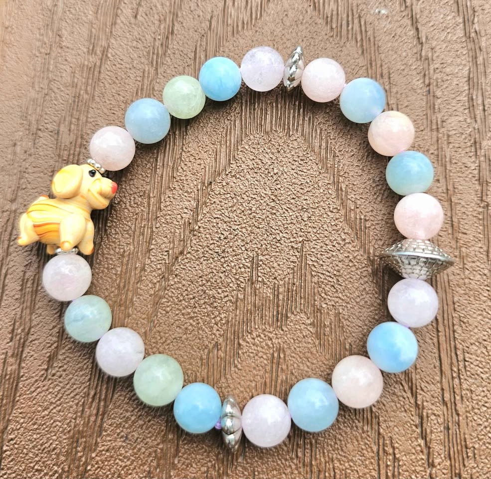 Pastel Morganite Bracelet with Hand‑Carved Dog Glass Bead | Natural Morganite Healing Crystal | Calming Energy & Heart Chakra Support
