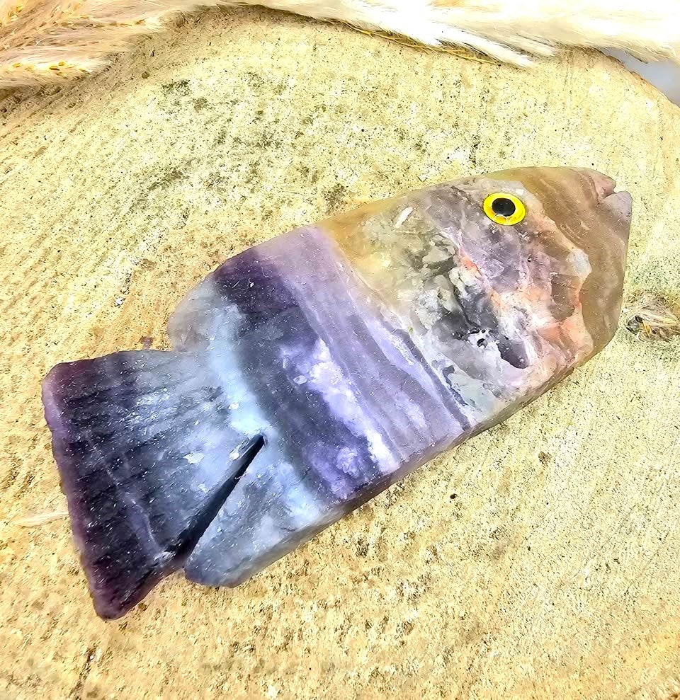 Hand‑Carved Rainbow Fluorite Fish Figurine | Natural Crystal Carving | Healing Stone Décor & Ocean Spirit Animal