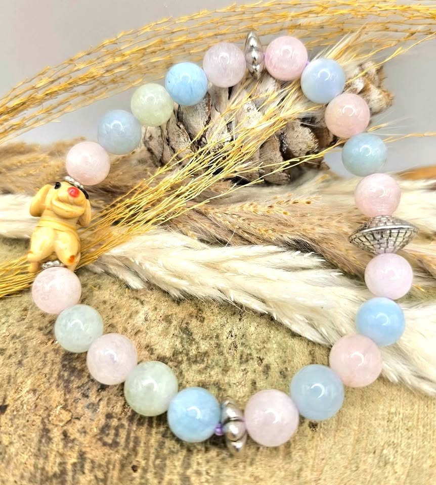 Pastel Morganite Bracelet with Hand‑Carved Dog Glass Bead | Natural Morganite Healing Crystal | Calming Energy & Heart Chakra Support