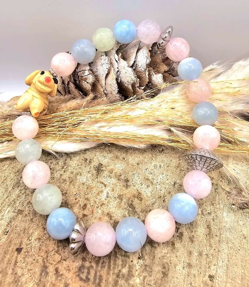 Pastel Morganite Bracelet with Hand‑Carved Dog Glass Bead | Natural Morganite Healing Crystal | Calming Energy & Heart Chakra Support
