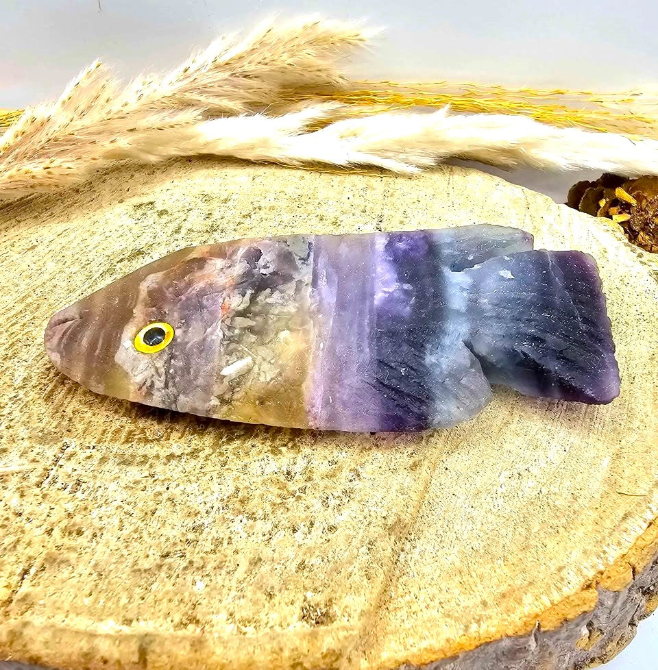 Hand‑Carved Rainbow Fluorite Fish Figurine | Natural Crystal Carving | Healing Stone Décor & Ocean Spirit Animal