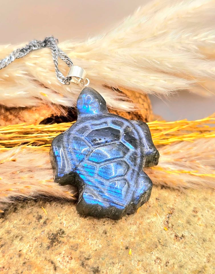 Labradorite carved sea turtle pendant necklace worn — My Aura Gemstones