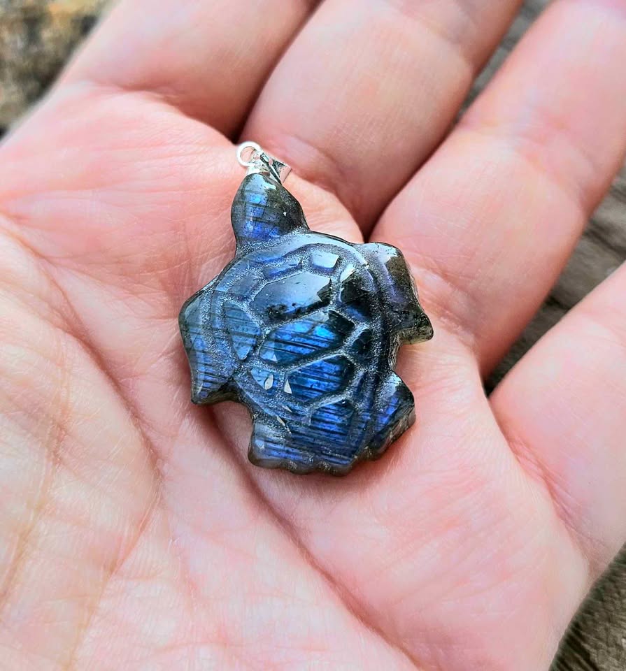 Labradorite carved sea turtle pendant necklace alternate angle — My Aura Gemstones