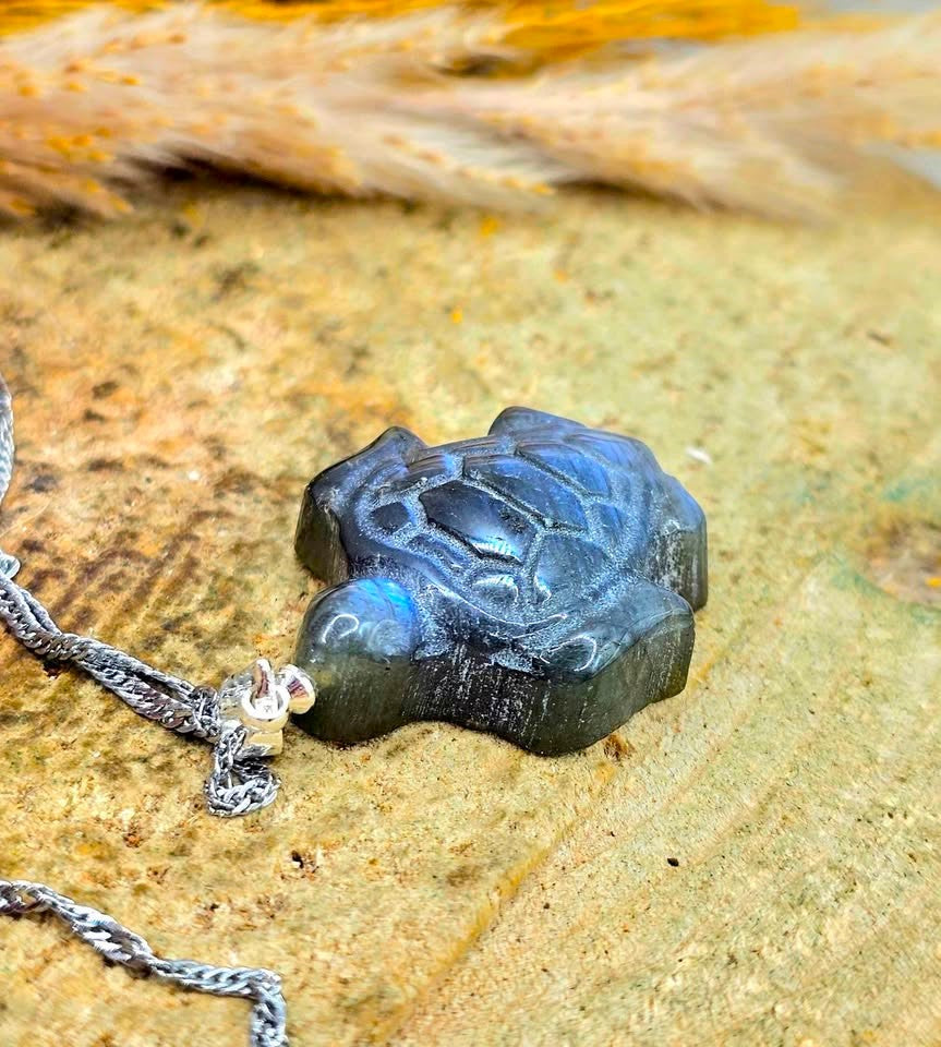 Labradorite carved sea turtle pendant necklace lifestyle view — My Aura Gemstones