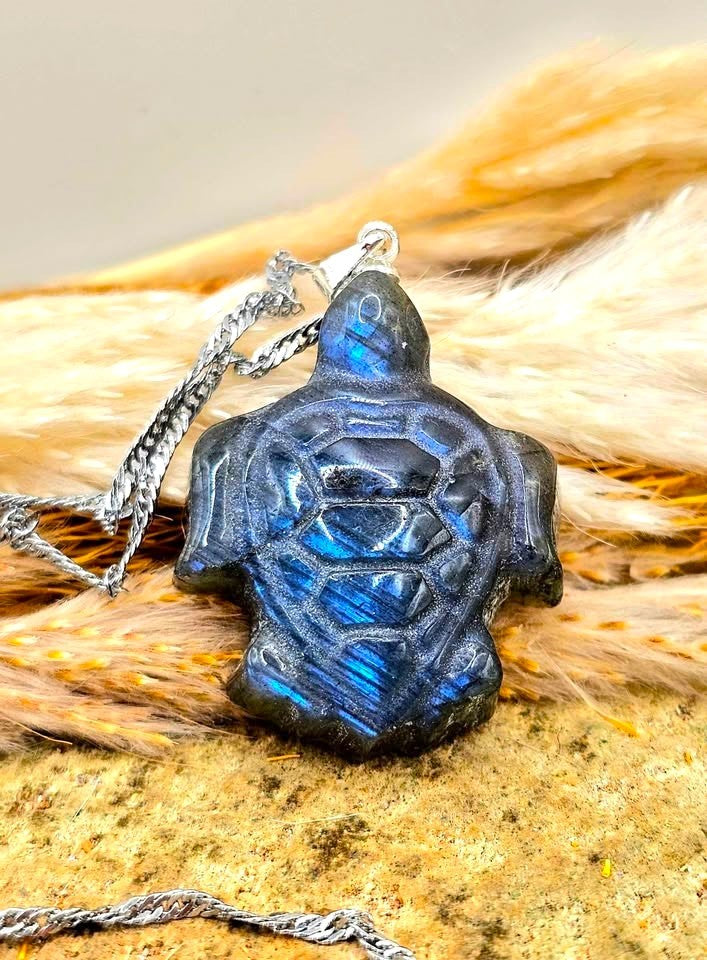 Labradorite carved sea turtle pendant necklace carving detail — My Aura Gemstones