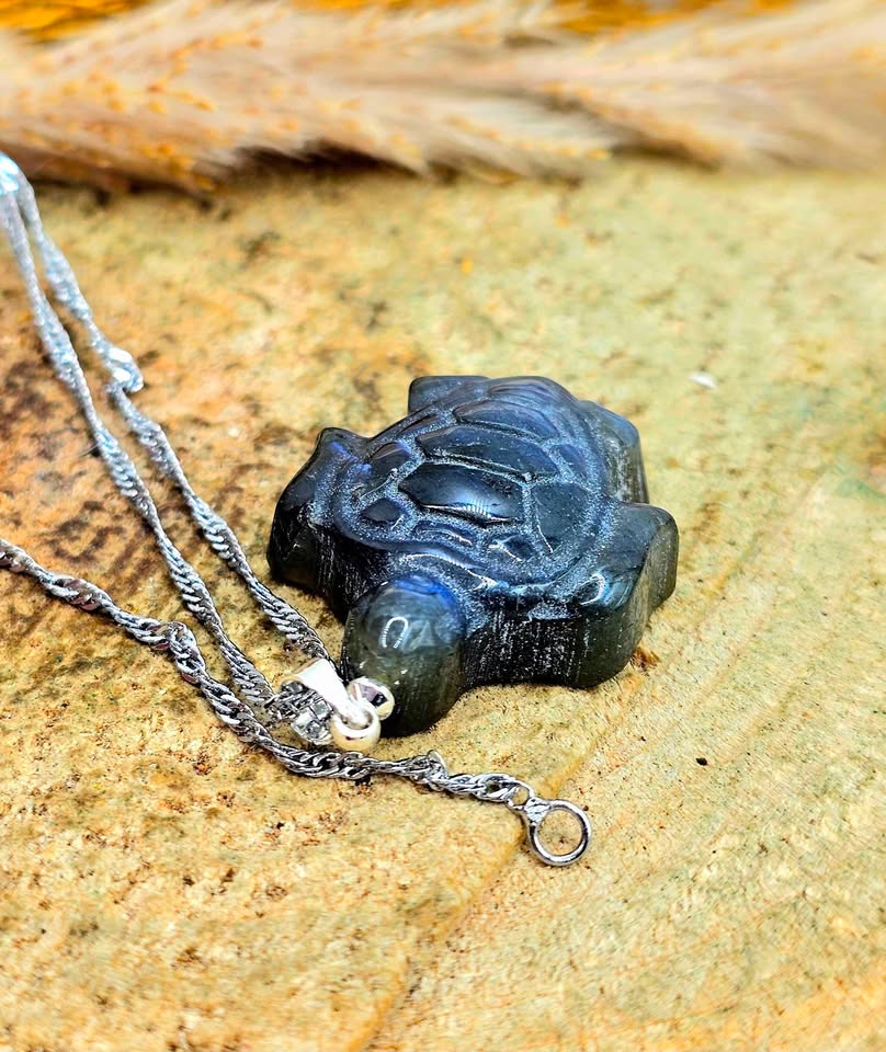Labradorite carved sea turtle pendant necklace packaging view — My Aura Gemstones
