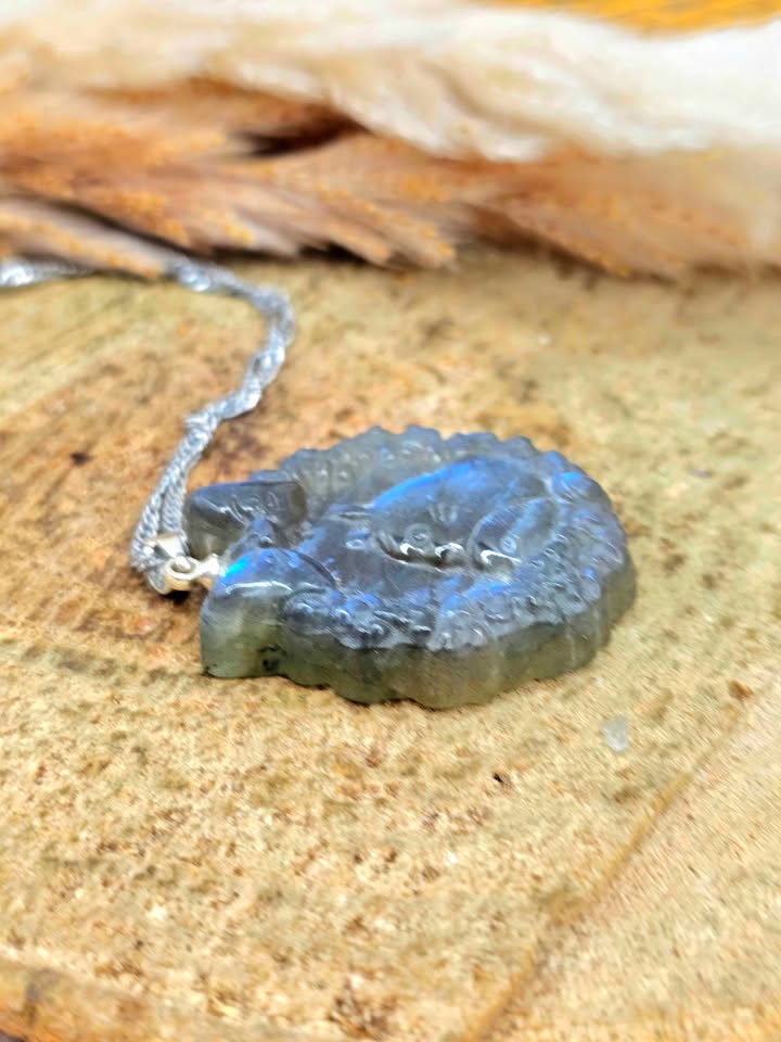 Labradorite Totoro carved pendant necklace back view — My Aura Gemstones