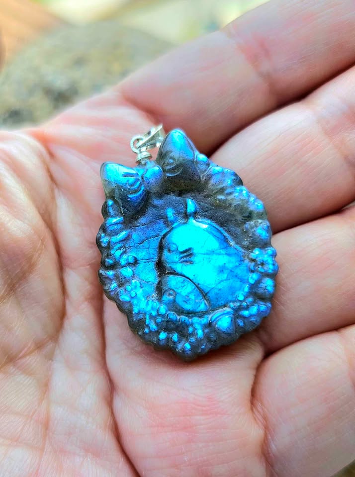 Labradorite Totoro carved pendant necklace worn — My Aura Gemstones