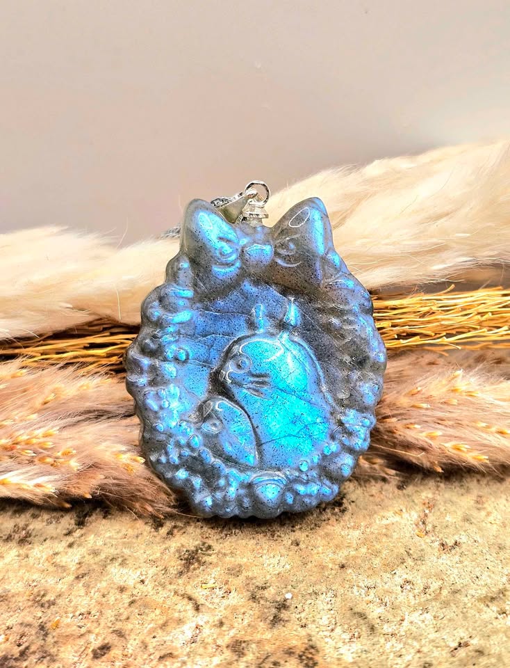 Labradorite Totoro carved pendant necklace flash close-up — My Aura Gemstones