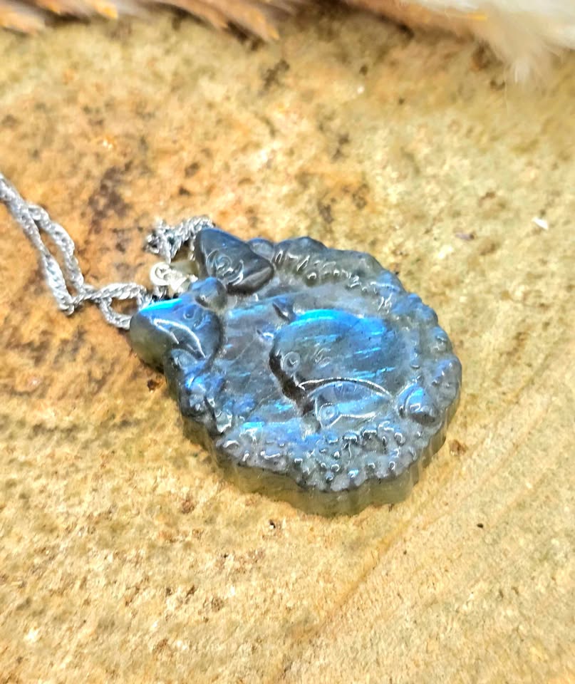 Labradorite Totoro carved pendant necklace alternate angle — My Aura Gemstones