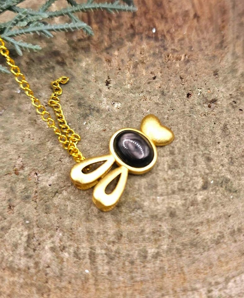 Silver Obsidian Flashy Stone Gold Matte Cute Bunny Pendant Necklace