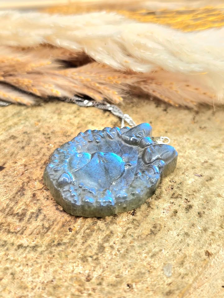 Labradorite Totoro carved pendant necklace iridescent view — My Aura Gemstones