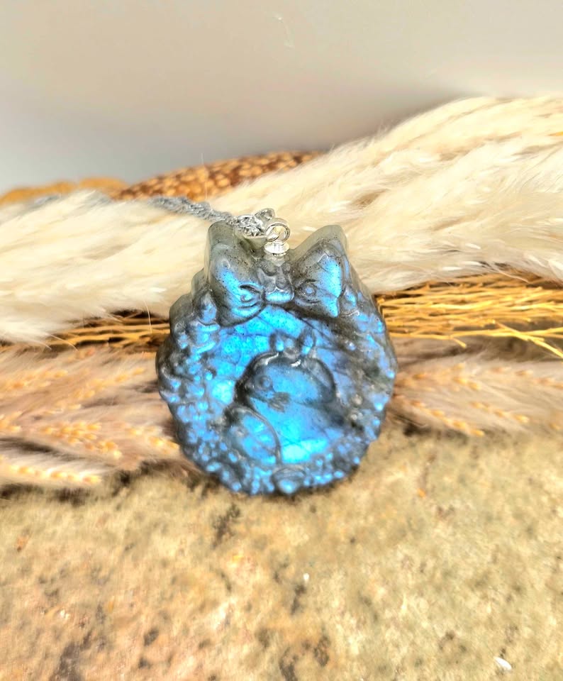 Labradorite Totoro carved pendant necklace size reference — My Aura Gemstones