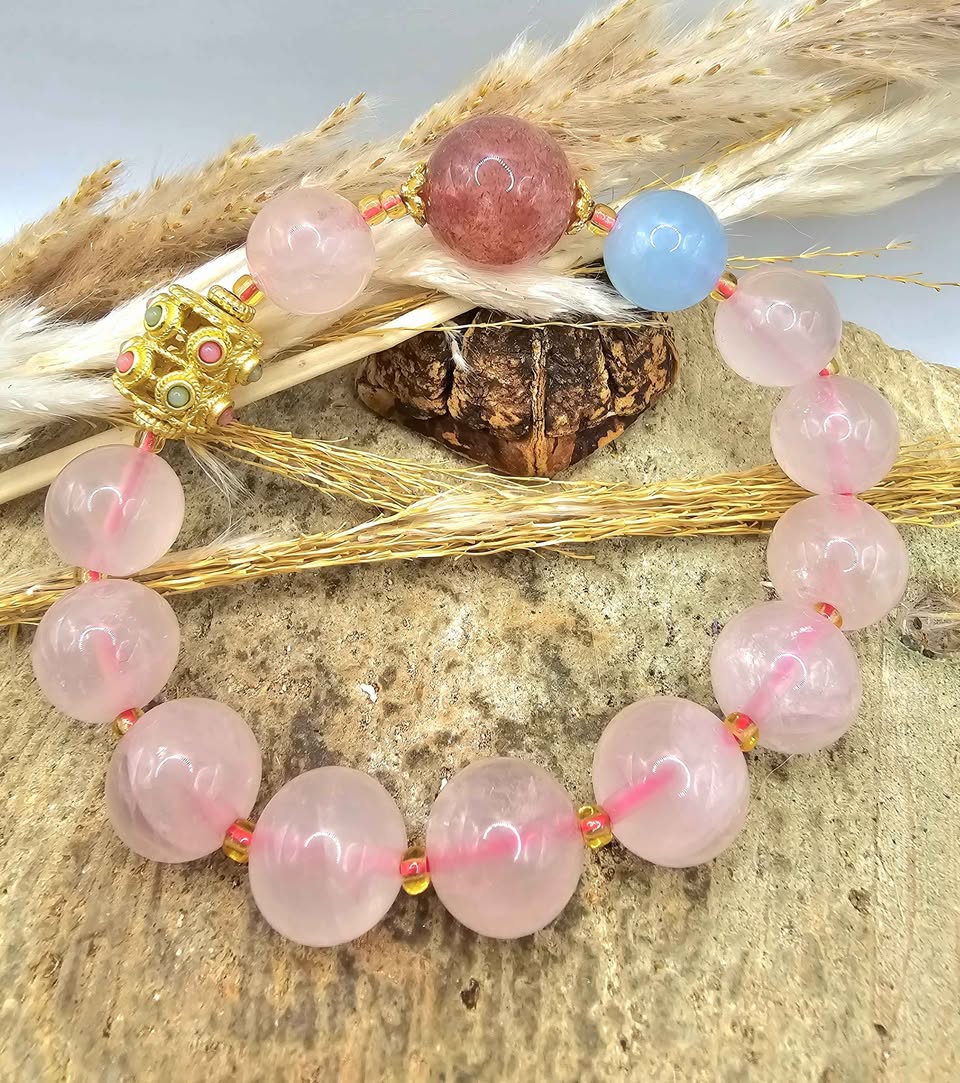 Mixed crystal and tourmaline blessing wheel bracelet bead close-up — My Aura Gemstones