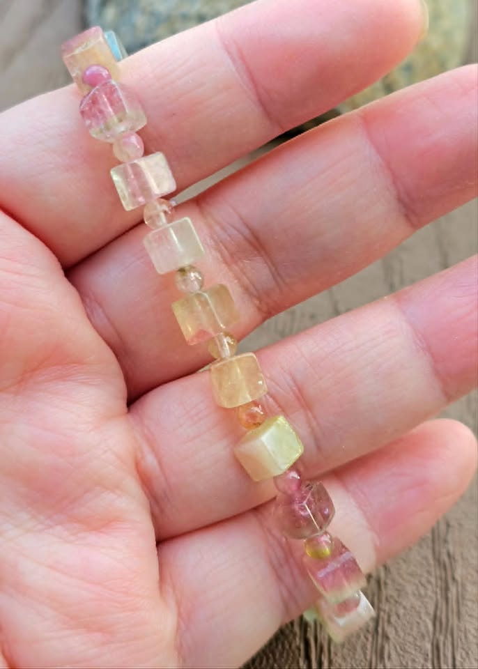 Premium grade watermelon tourmaline crystal cube bracelet size reference — My Aura Gemstones