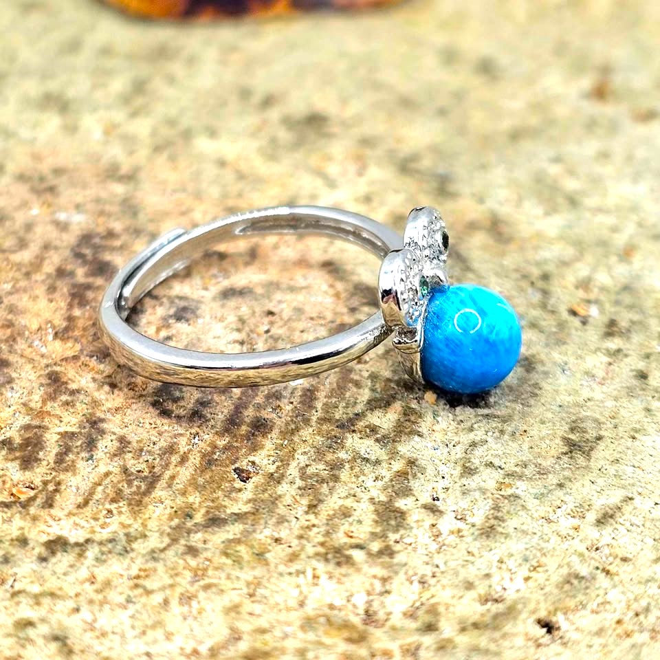 Natural Blue Apatite Owl Adjustable Ring featuring a genuine blue gemstone with a detailed silver-tone owl design.