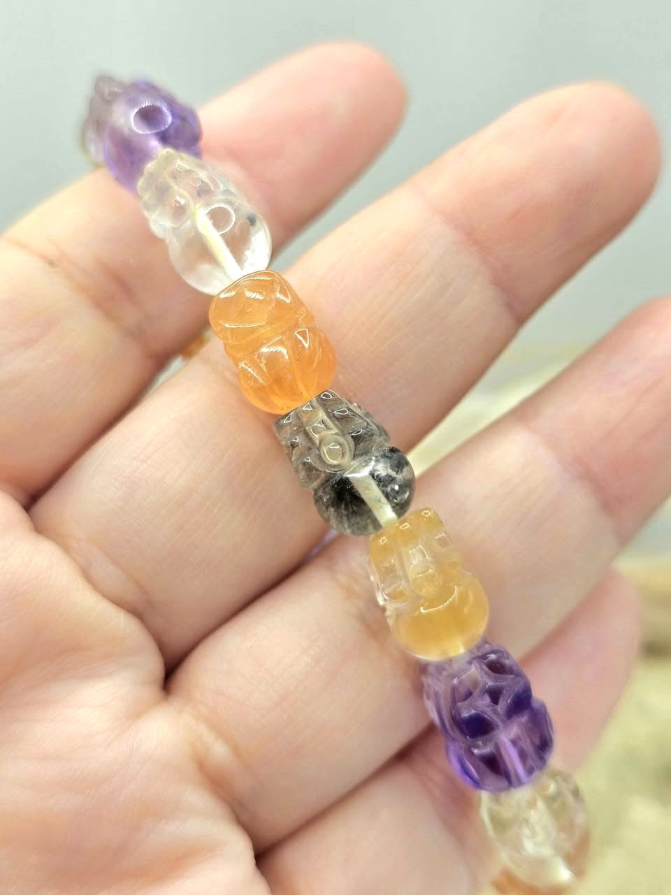 Nature high grade mixed crystal bracelet with carved Pi Xiu beads-My Aura Gemstones
