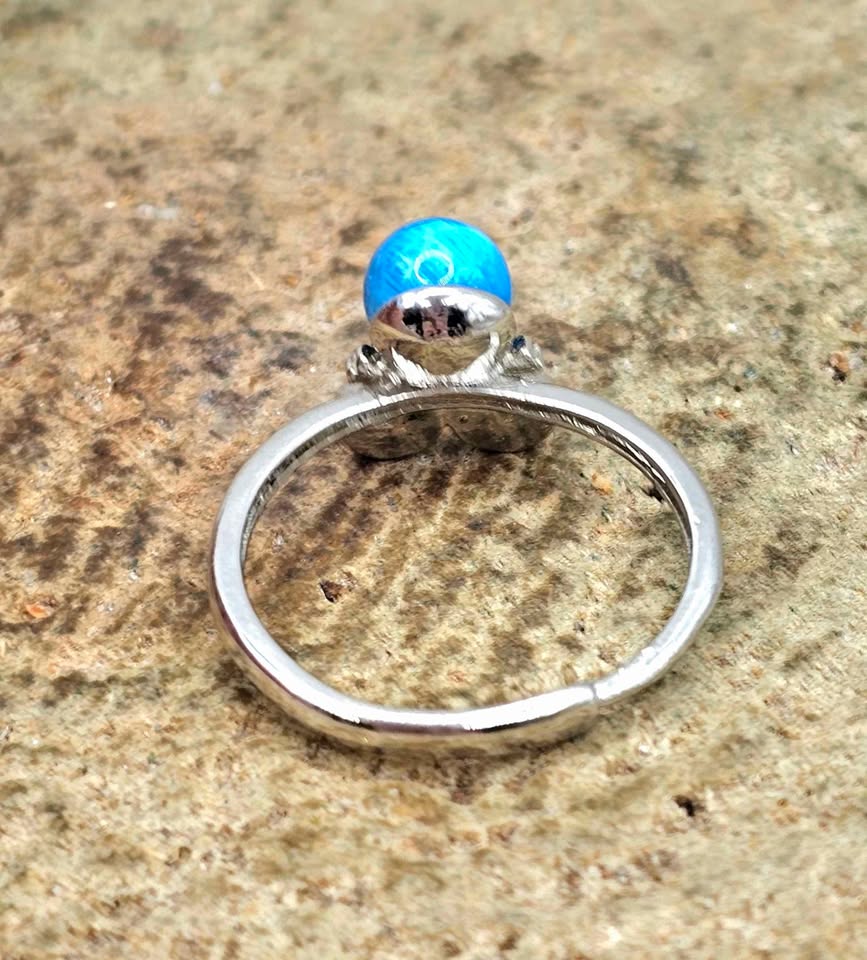 Natural Blue Apatite Owl Adjustable Ring featuring a genuine blue gemstone with a detailed silver-tone owl design.
