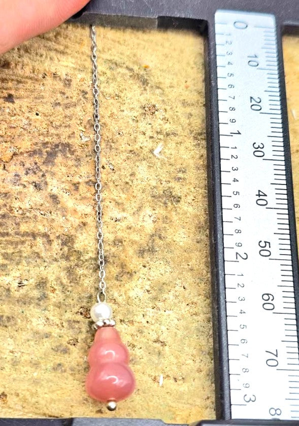 Pink agate blessing gourd dangle earrings with long silver chain threader