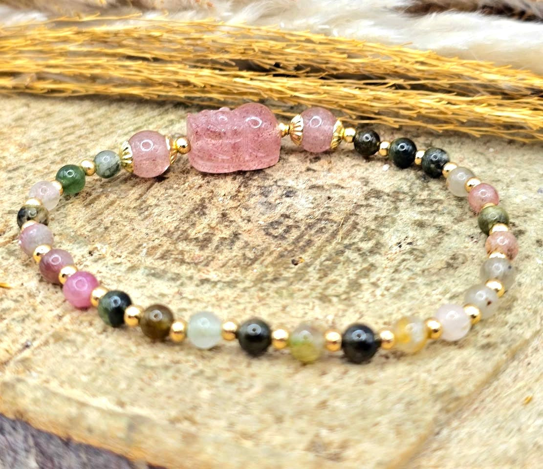 Natural rainbow tourmaline bracelet with strawberry quartz Pi Xiu-My Aura Gemstones