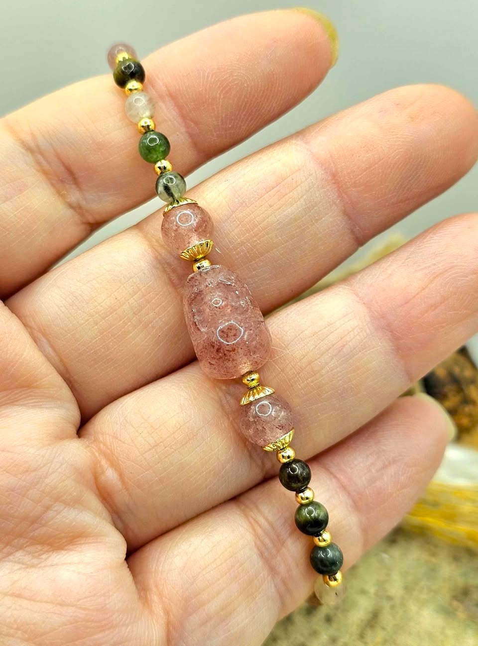 Natural rainbow tourmaline bracelet with strawberry quartz Pi Xiu-My Aura Gemstones