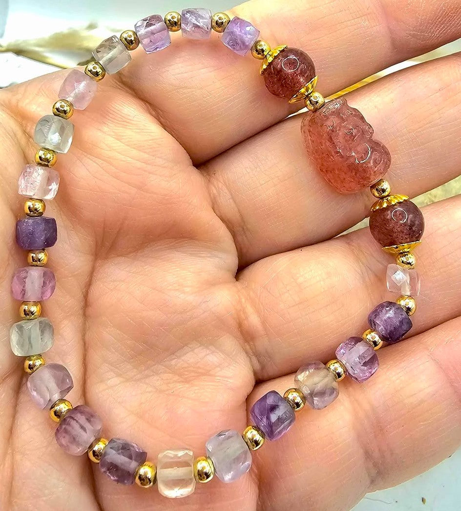 Natural mixed colors fluorite strawberry quartz Pi Xiu feng shui bracelet — My Aura Gemstones