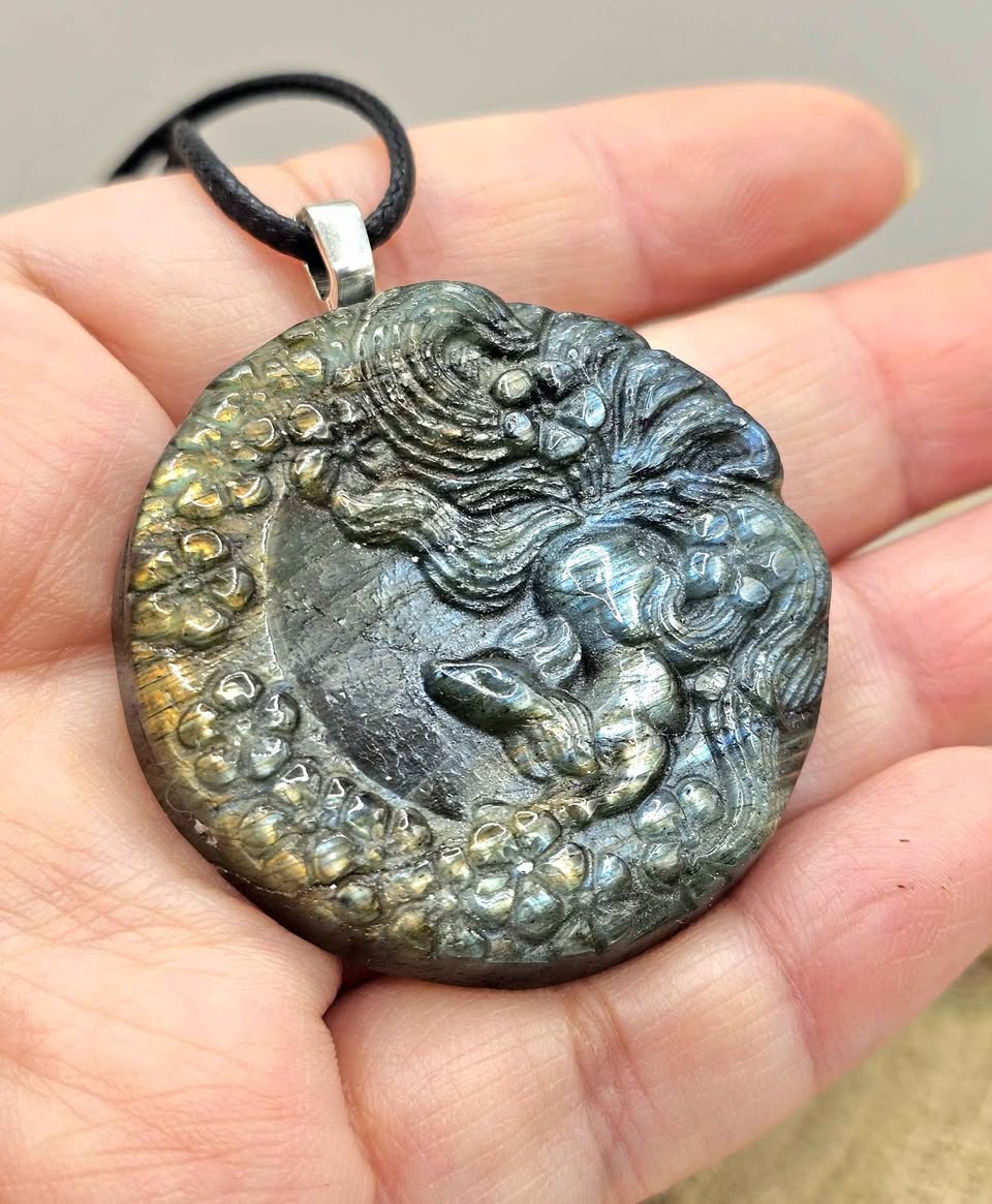 Natural Labradorite Carved Large Nine Tails Fox Looking Up Under Blossoms Pendant Necklace