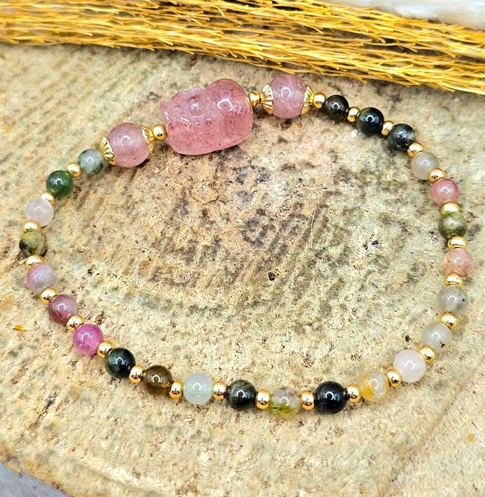 Natural rainbow tourmaline bracelet with strawberry quartz Pi Xiu-My Aura Gemstones