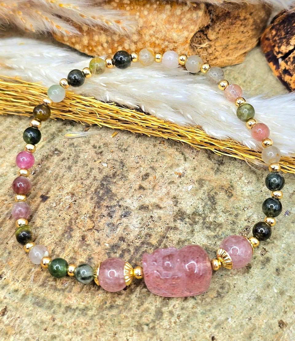 Natural rainbow tourmaline bracelet with strawberry quartz Pi Xiu-My Aura Gemstones