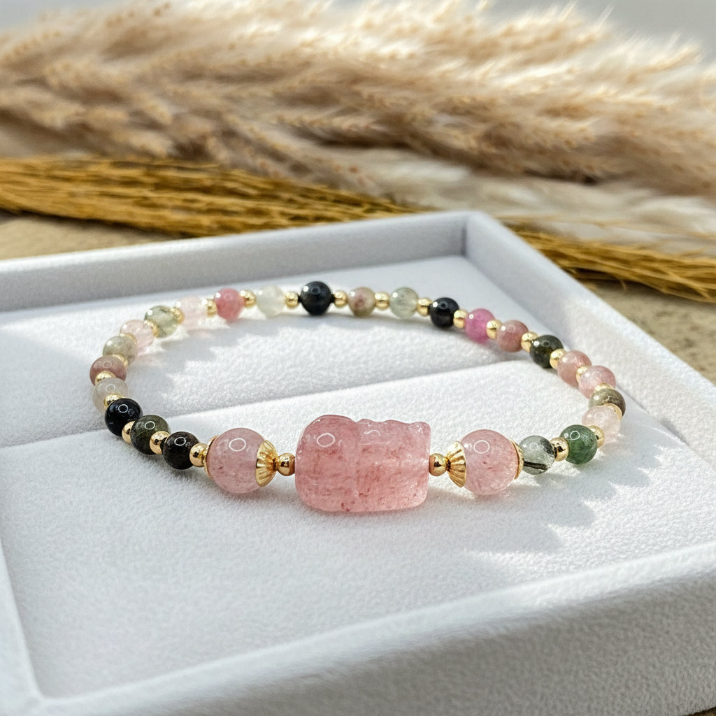Natural rainbow tourmaline bracelet with strawberry quartz Pi Xiu-My Aura Gemstones