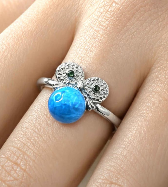 Natural Blue Apatite Owl Adjustable Ring featuring a genuine blue gemstone with a detailed silver-tone owl design.