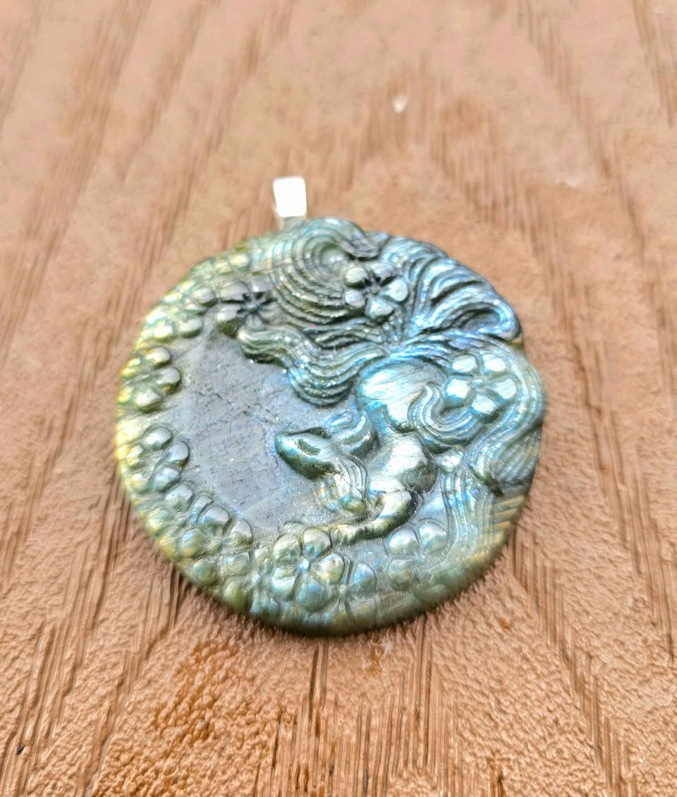 Natural Labradorite Carved Large Nine Tails Fox Looking Up Under Blossoms Pendant Necklace
