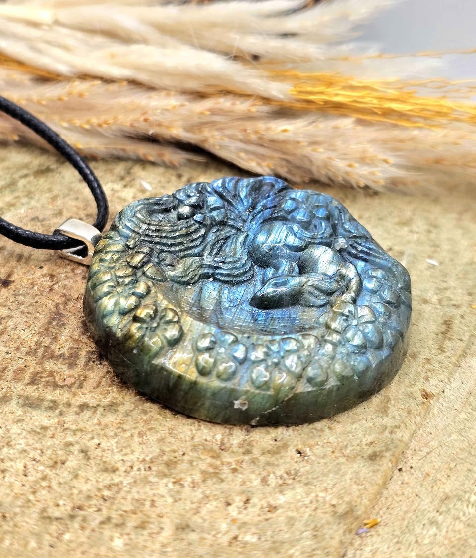 Natural Labradorite Carved Large Nine Tails Fox Looking Up Under Blossoms Pendant Necklace