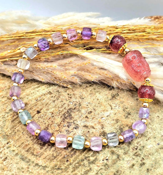 Natural mixed colors fluorite strawberry quartz Pi Xiu feng shui bracelet — My Aura Gemstones