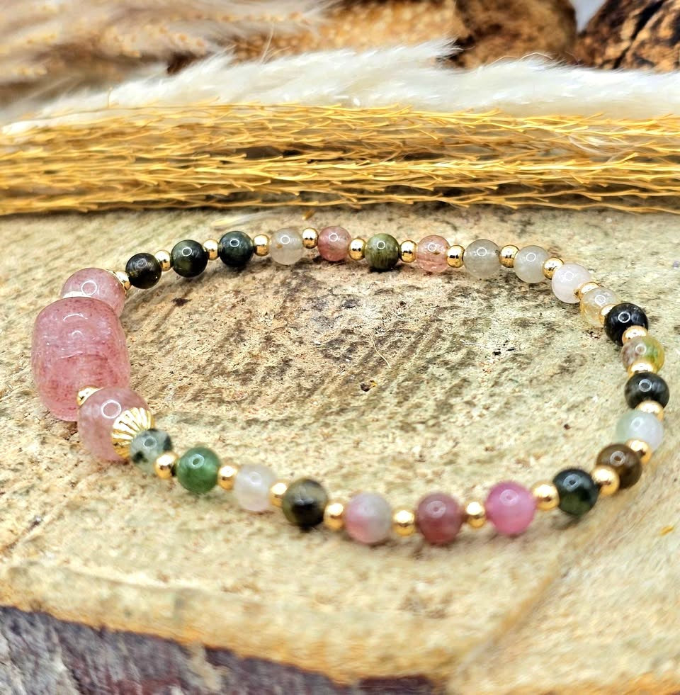 Natural rainbow tourmaline bracelet with strawberry quartz Pi Xiu-My Aura Gemstones