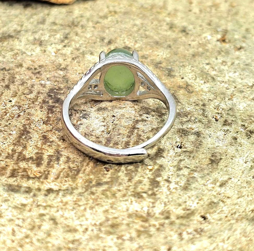 Natural Prehnite adjustable ring with green oval cabochon and twisted rope band - My Aura Gemstones
