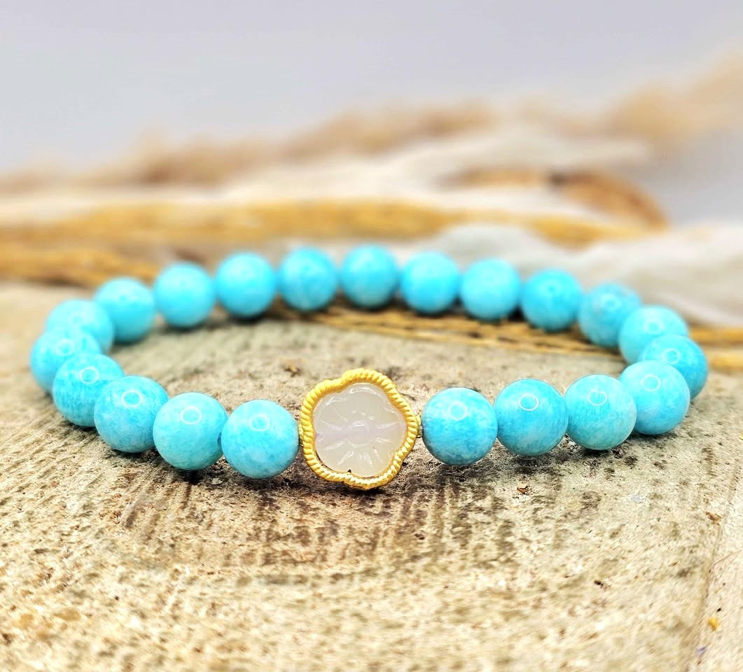 Natural Amazonite blue gemstone bracelet with gold cherry blossom charm-My Aura Gemstones