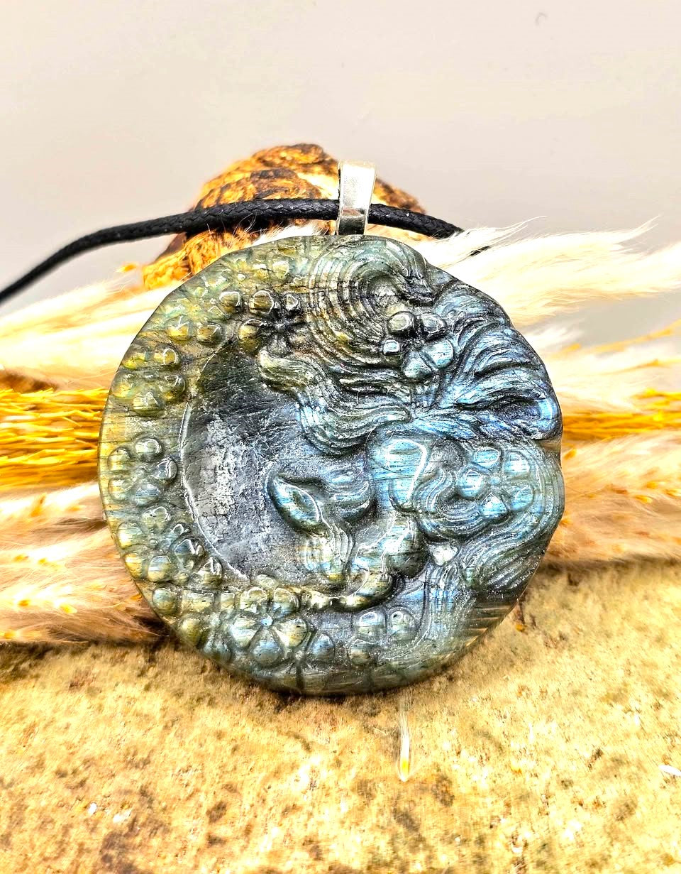 Natural Labradorite Carved Large Nine Tails Fox Looking Up Under Blossoms Pendant Necklace