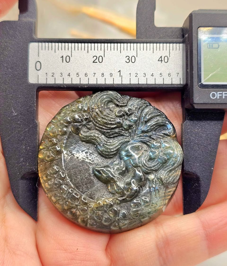 Natural Labradorite Carved Large Nine Tails Fox Looking Up Under Blossoms Pendant Necklace