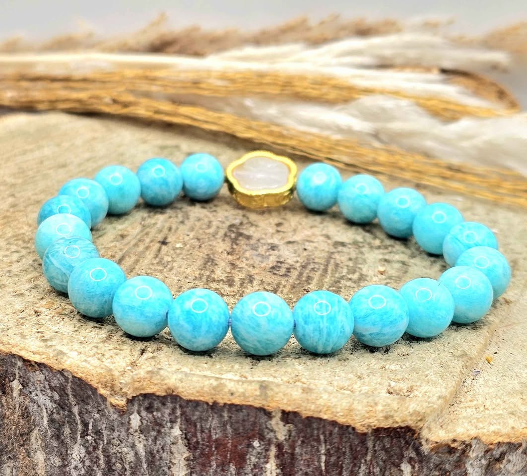Natural Amazonite blue gemstone bracelet with gold cherry blossom charm-My Aura Gemstones