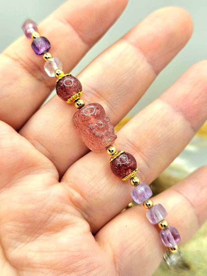 Natural mixed colors fluorite strawberry quartz Pi Xiu feng shui bracelet — My Aura Gemstones