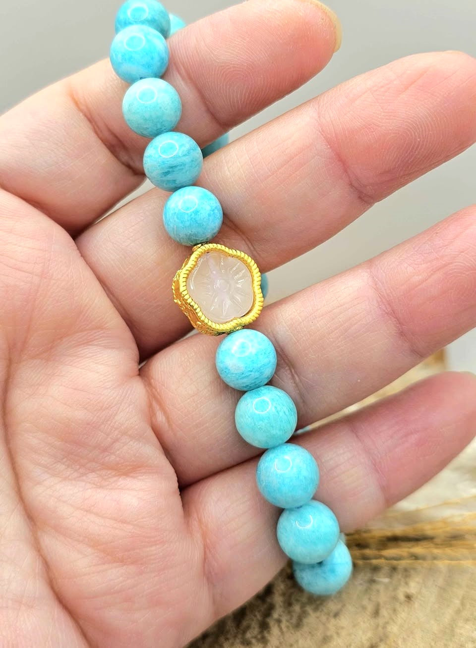 Natural Amazonite blue gemstone bracelet with gold cherry blossom charm-My Aura Gemstones